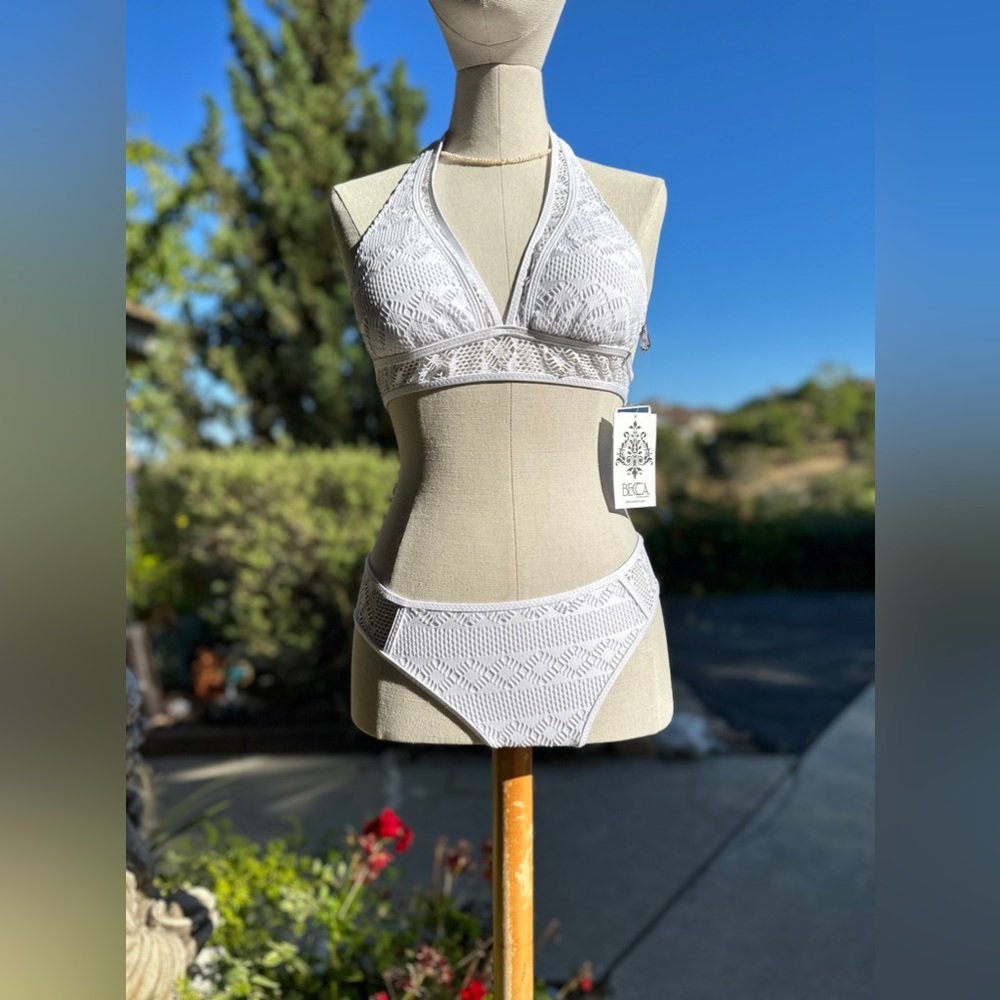 Becca 2 Pc Sets Women’s White Crochet Halter Triangle Bikini Top+ Bottom sets